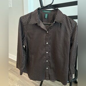 Lauren Ralph Lauren Women Large Brown and White Polka Dot Shirt long sleeve